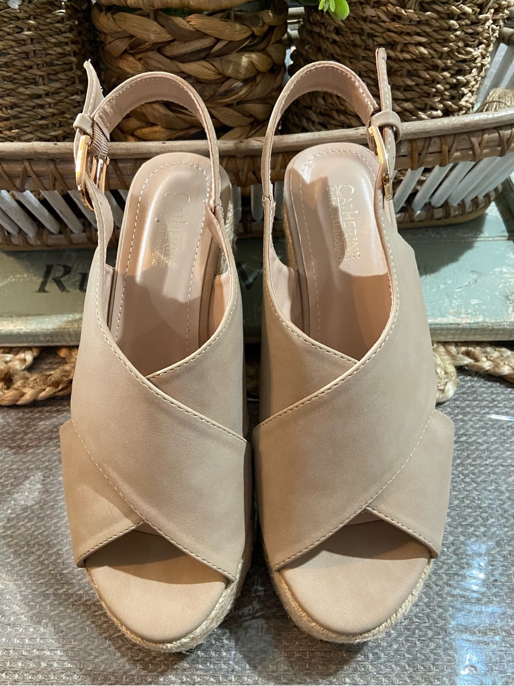 Catherine Malandrino  Nude Crisscross Slingback Wedge Sandals